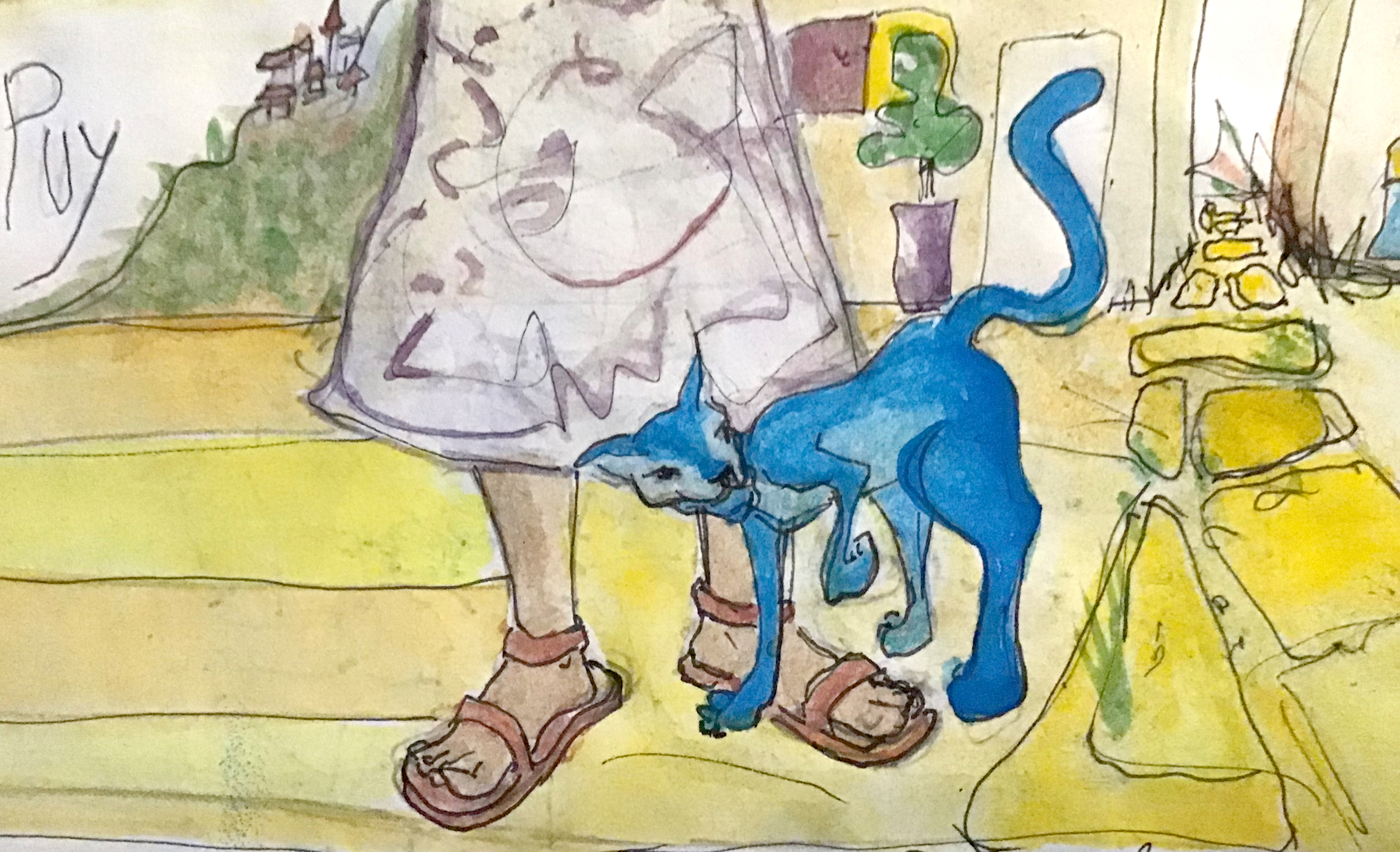 Die blaue Katze schmiegt sich an die Beine